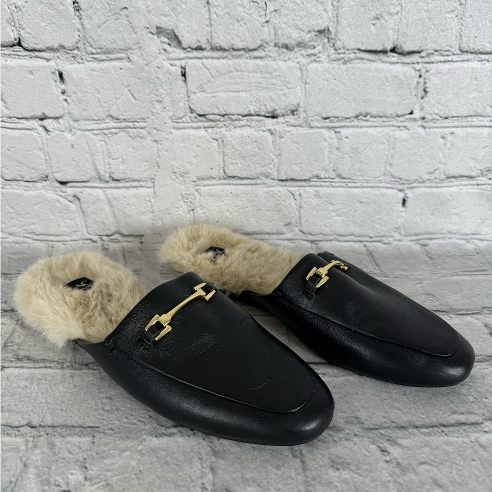 Zac Posen Savanna Horse Bit Leather Mule shoes 6.5 Slip On Faux shearling Black